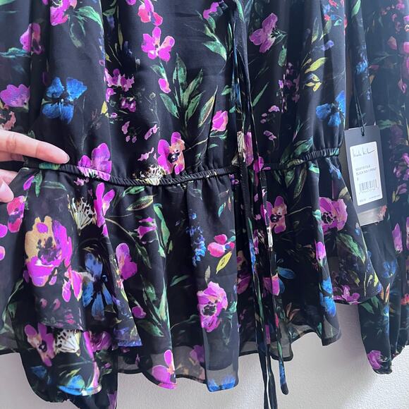 Nicole Miller Floral Printed V-Neck Sheer Puff Sleeve Black Purple Career Top - Picture 8 of 9